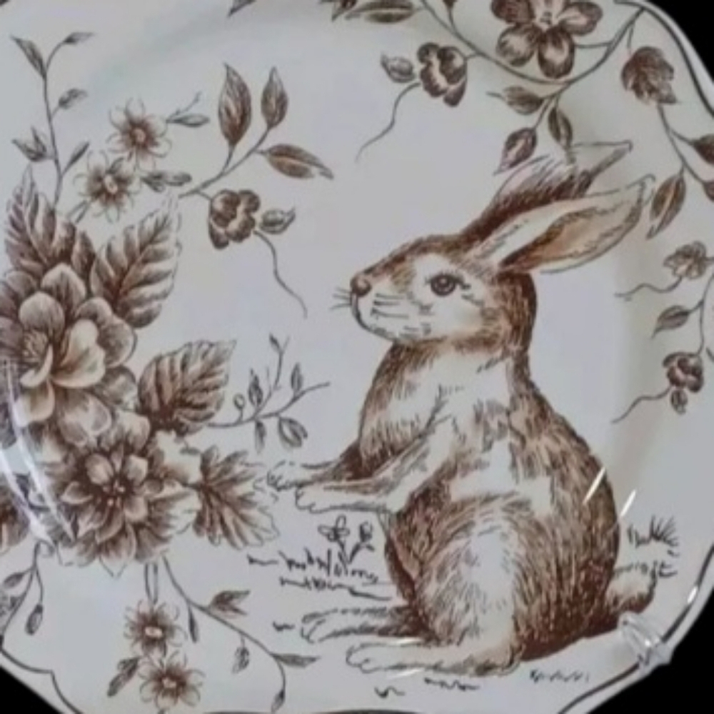 4pc Maxcera Brown Toile Easter Bunny Rabbit Scalloped Cabbage Rose Salad Plates - Picture 2 of 2